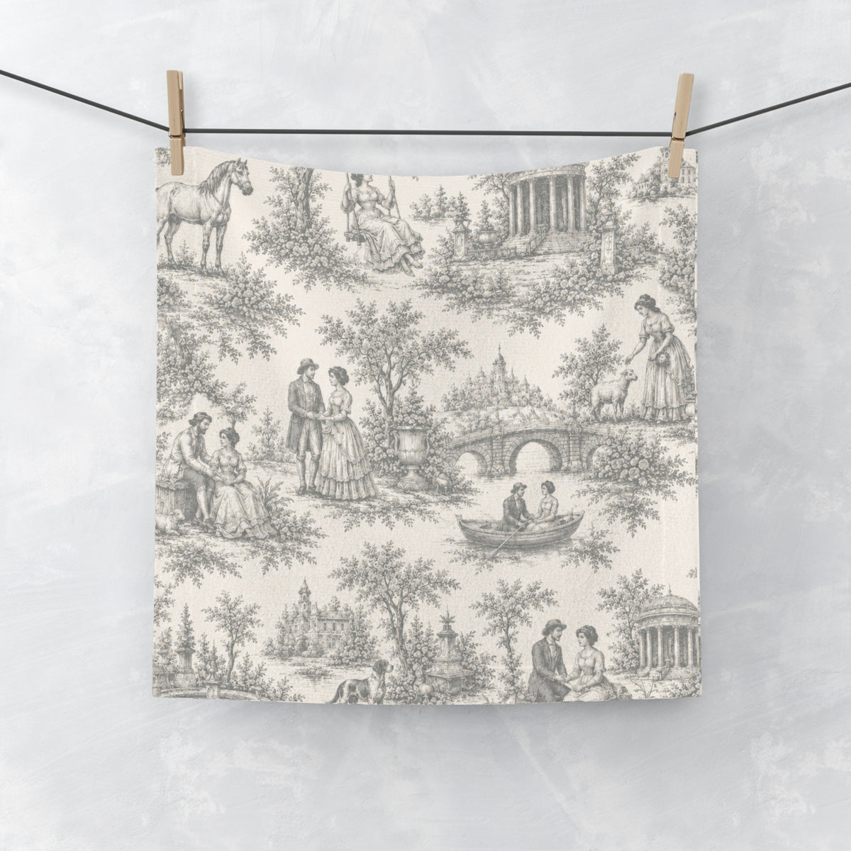 French Country Toile Towel Set – Vintage Charcoal Gray Pastoral Bath, Hand & Wash Towels, Chateaucore Bathroom Decor