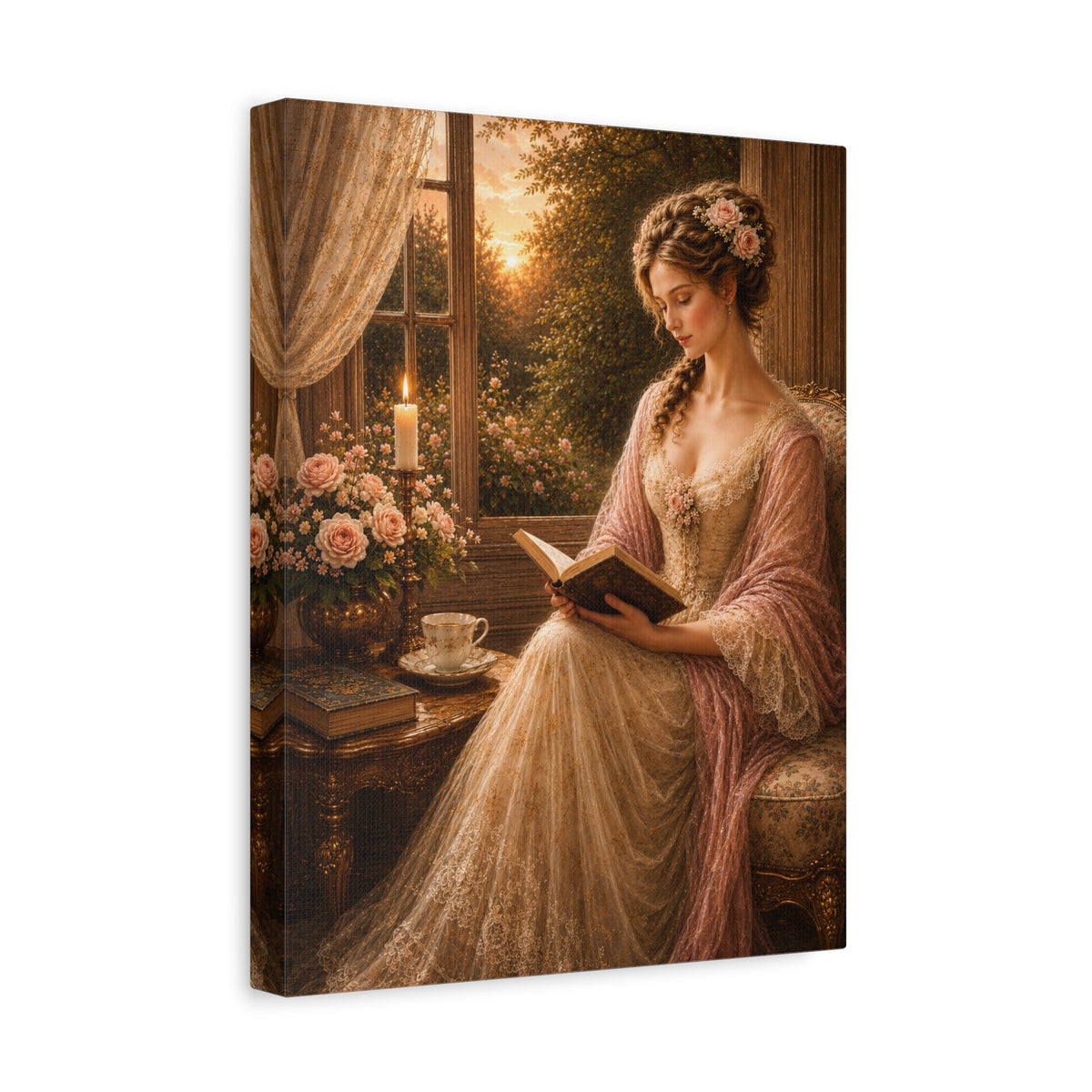 Victorian Pink Lady Reader Roses Canvas Wall Art Print, Feminine Wall Hanging Decor, Vintage 1800's Ladies, Home Decor, Gift for Her