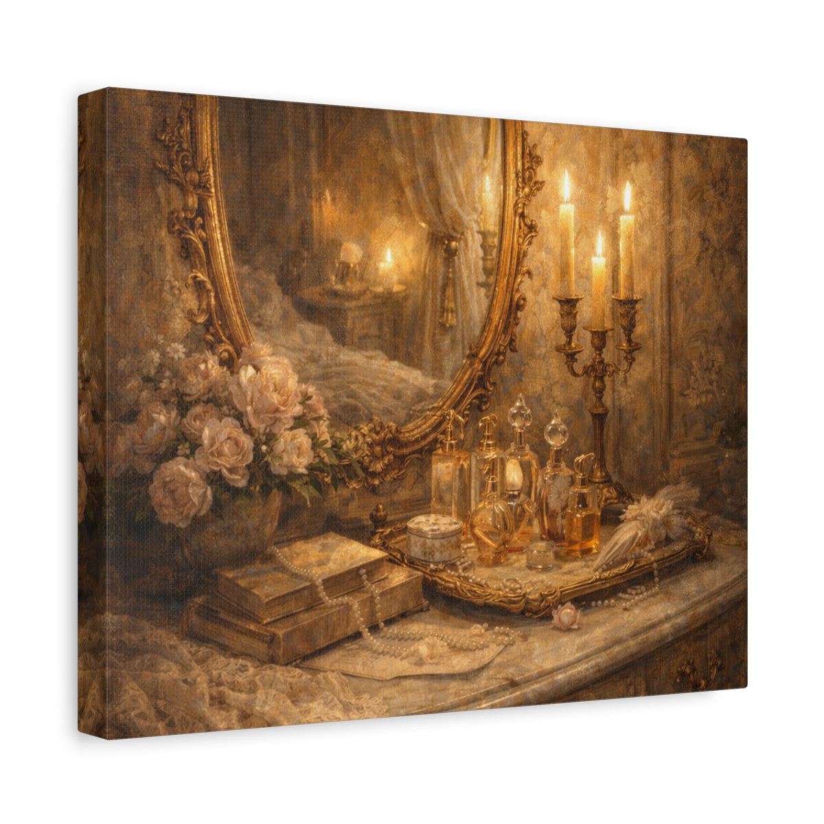 French Country Perfume Vanity Canvas Wall Art Print, Chateaucore Floral Wall Hanging Decor, Victorian Romantic Home Decor, Gift Mom Grandma