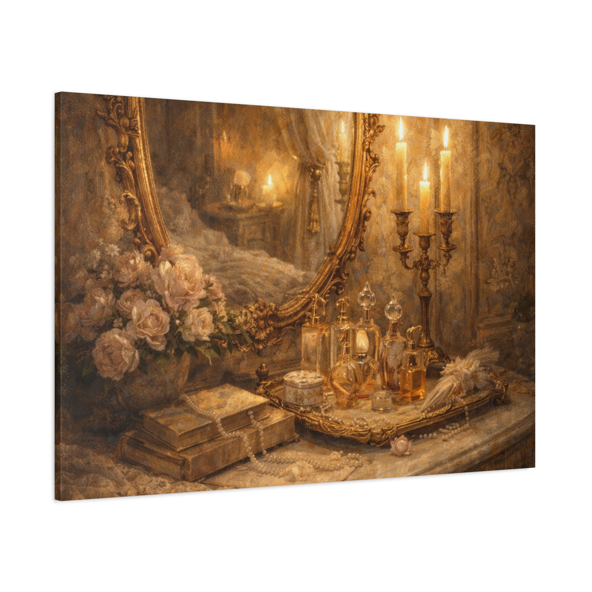 French Country Perfume Vanity Canvas Wall Art Print, Chateaucore Floral Wall Hanging Decor, Victorian Romantic Home Decor, Gift Mom Grandma