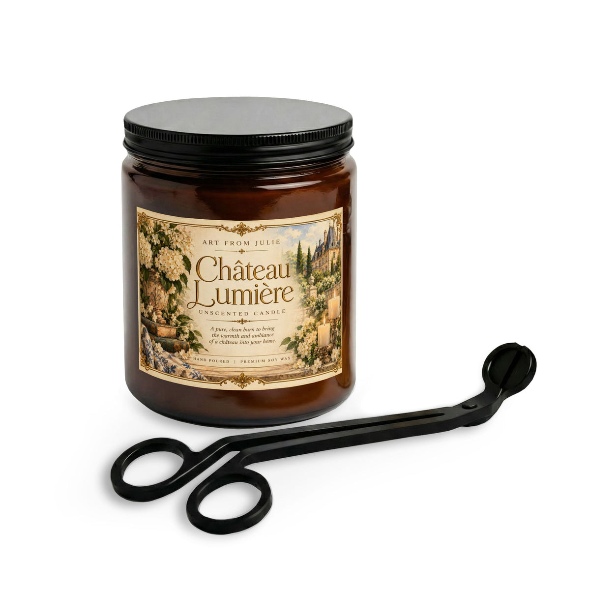 Château Lumière Unscented Candle Gift Set – French Country Soy Candle with Matte Black Wick Trimmer Amber Jar