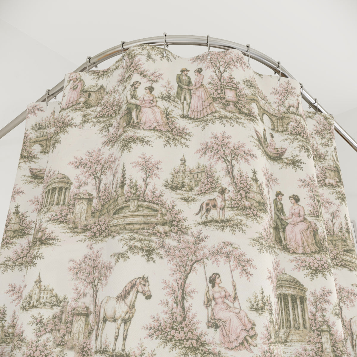 Soft Pink Sage French Toil de Jouy Fabric Shower Curtain, Victorian Bathroom Decor Country Cottage, Shabby Chic Farmhouse, Housewarming Gift