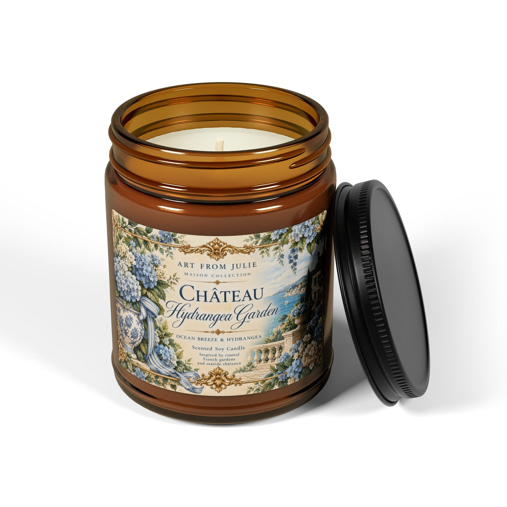 Château Hydrangea Garden Candle 9 oz, Ocean Water Scented Soy Candle in Amber Jar, French Country Chateaucore Home Décor