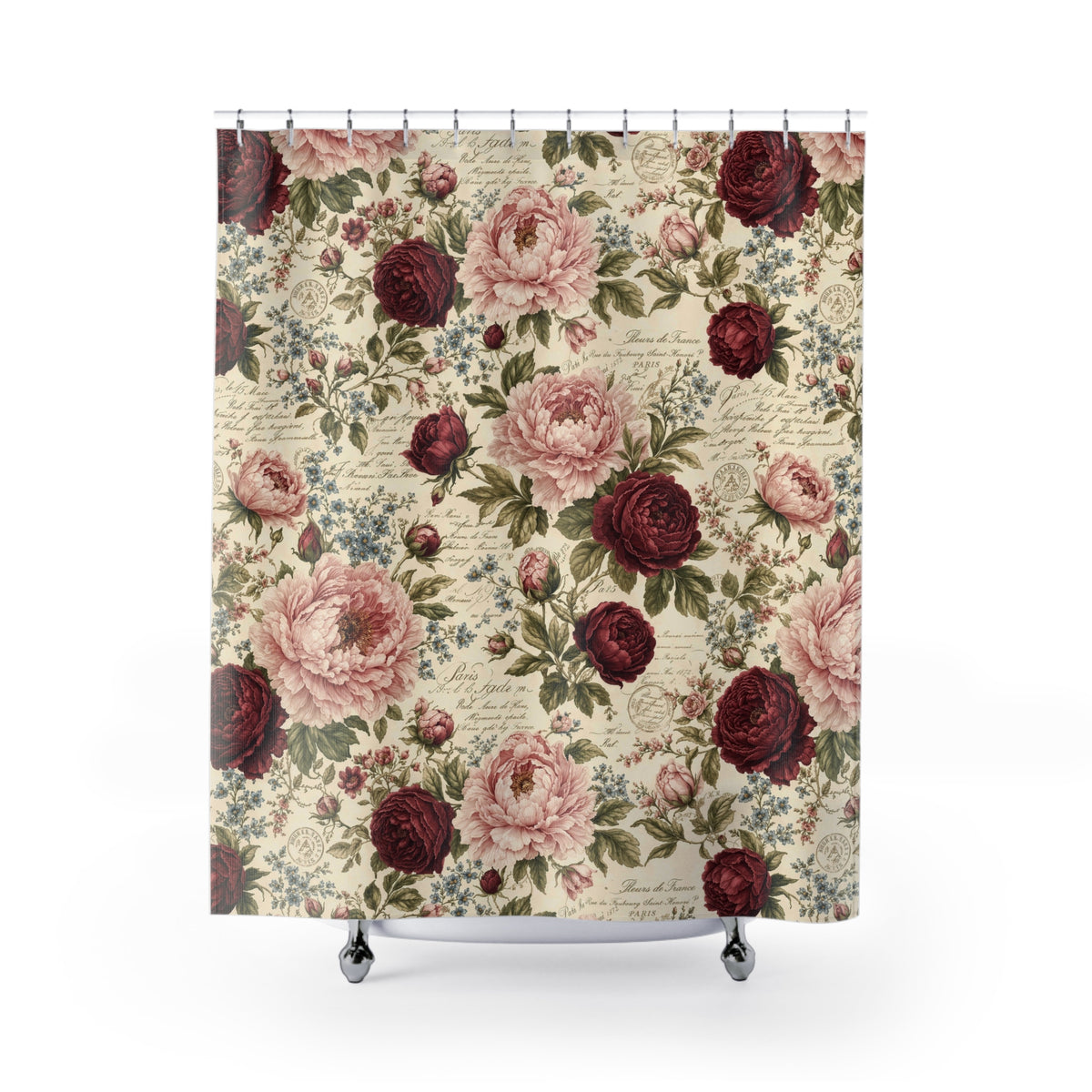 Burgundy Pink Roses French Script Floral Fabric Shower Curtain, Victorian Bathroom, French Country Cottage, Shabby Chic Bath