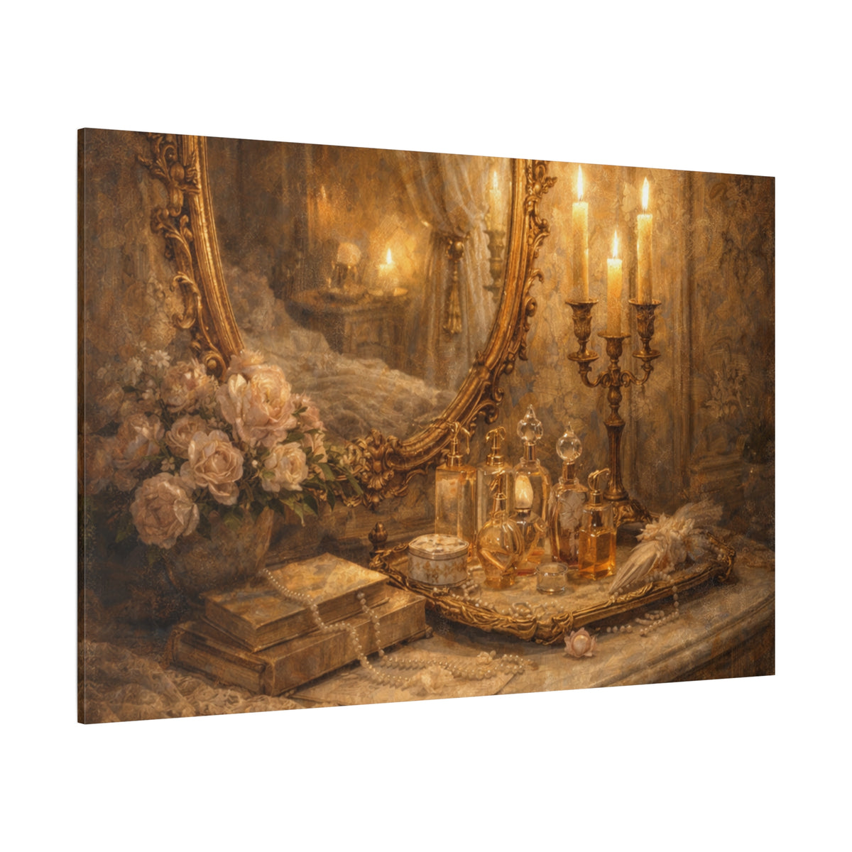 French Country Perfume Vanity Canvas Wall Art Print, Chateaucore Floral Wall Hanging Decor, Victorian Romantic Home Decor, Gift Mom Grandma