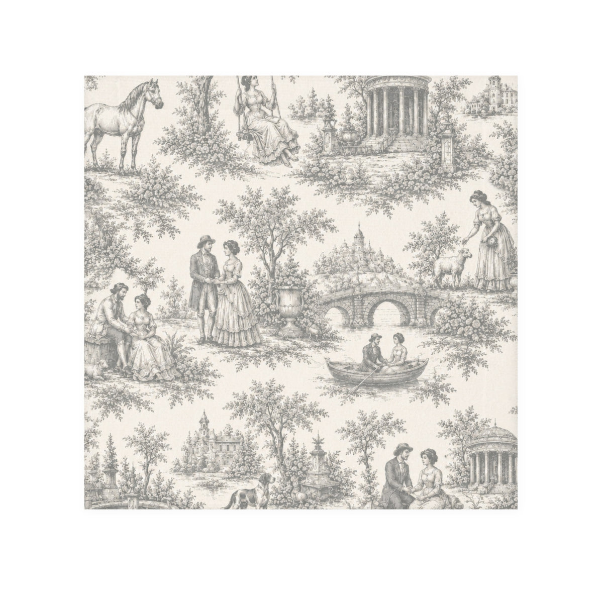 French Country Toile 5-Piece Bathroom Set – Shower Curtain, Memory Foam Bath Mat & Matching Towels, Vintage Chateaucore Bath Decor