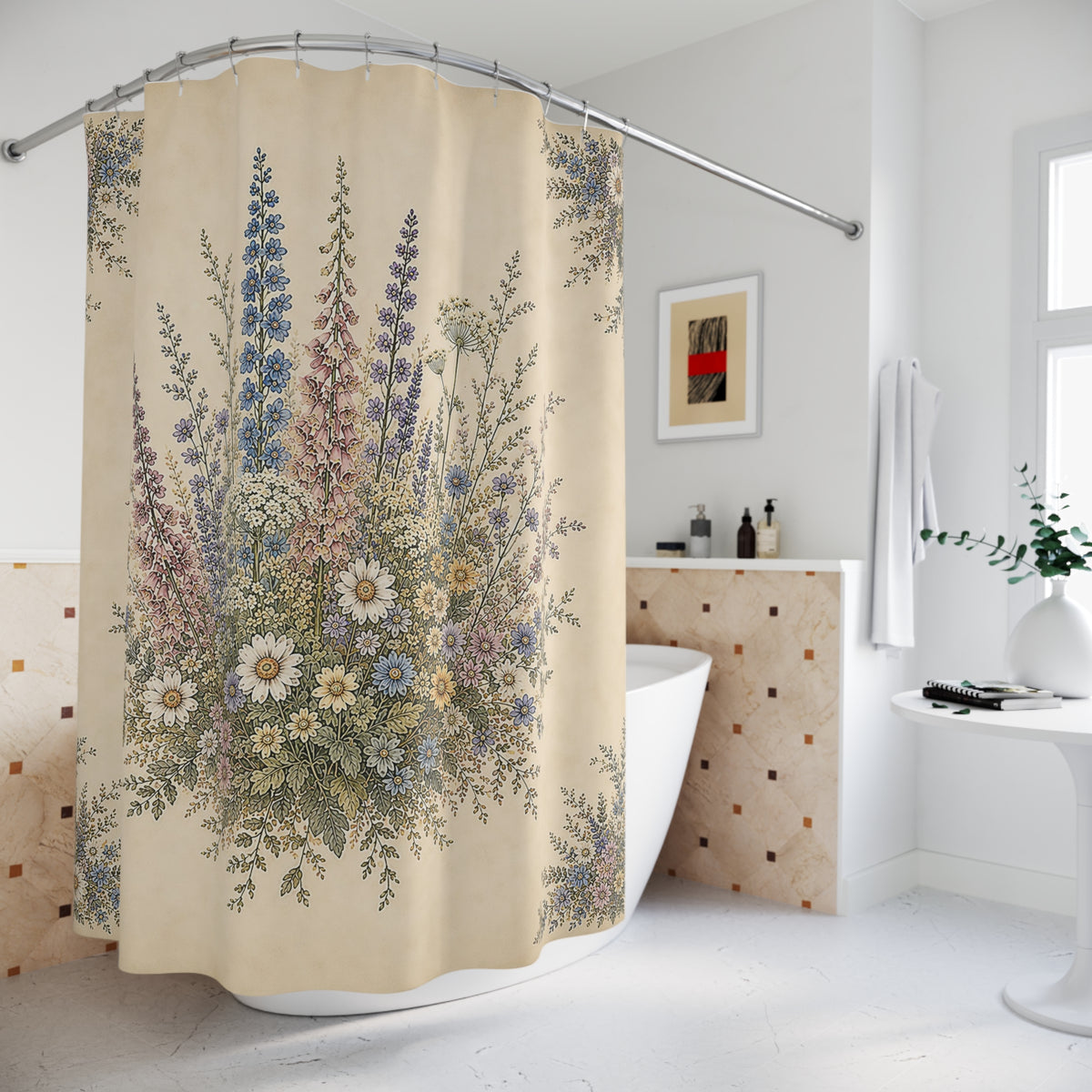 Pastel Wildflowers Shower Curtain, English Garden Bathroom Decor, French Country Cottage, Shabby Chic, Floral Housewarming Wedding Gift