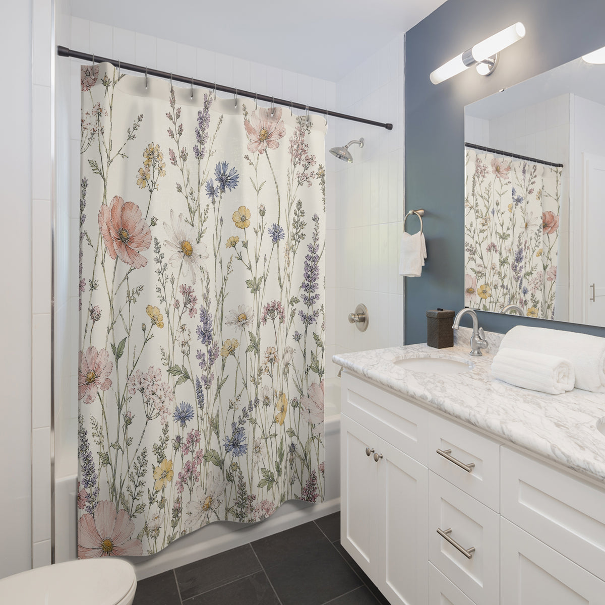 Wildflower Shower Curtain, Floral Bathroom Decor, Cottagecore Bath Pastel Flower Bathroom, Feminine Farmhouse Decor, Botanical Home Gift
