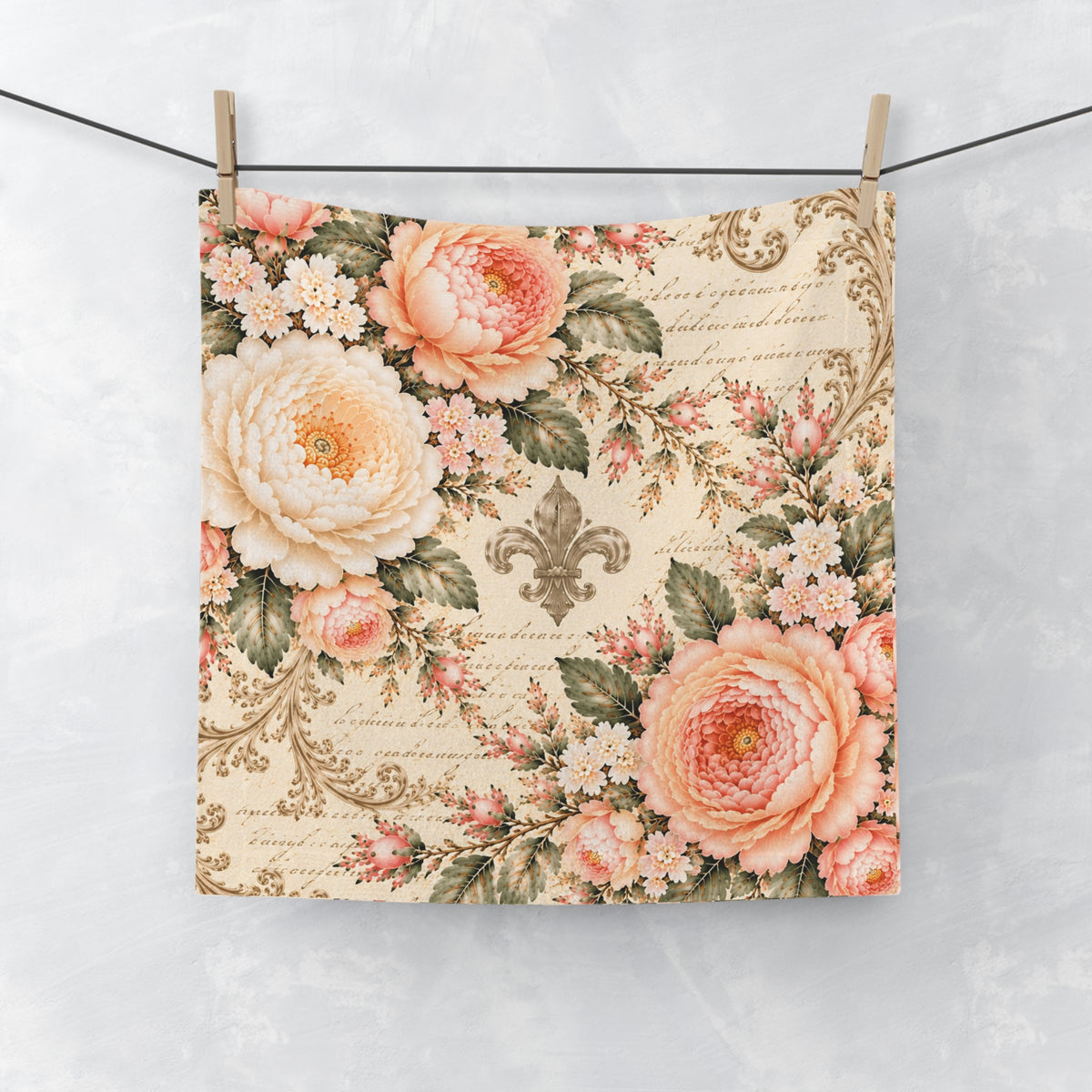 Peach Rose Château Washcloth, Fleur de Lis French Country Script Peach Floral Face Cloth, Soft Sage Chateaucore Bathroom Decor