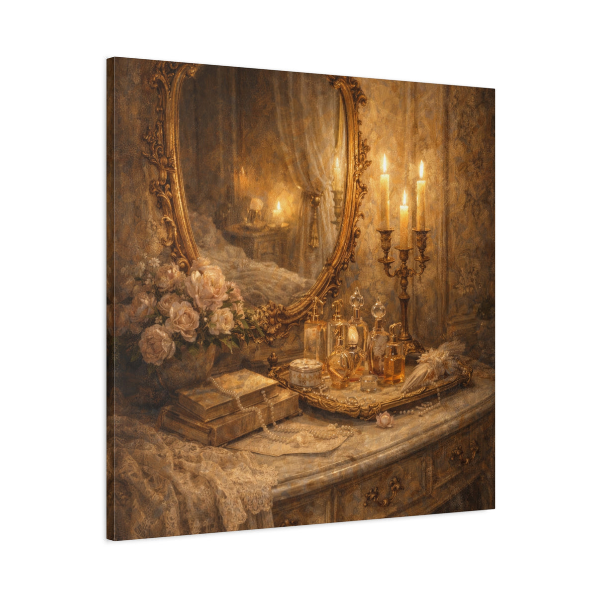 French Country Perfume Vanity Canvas Wall Art Print, Chateaucore Floral Wall Hanging Decor, Victorian Romantic Home Decor, Gift Mom Grandma