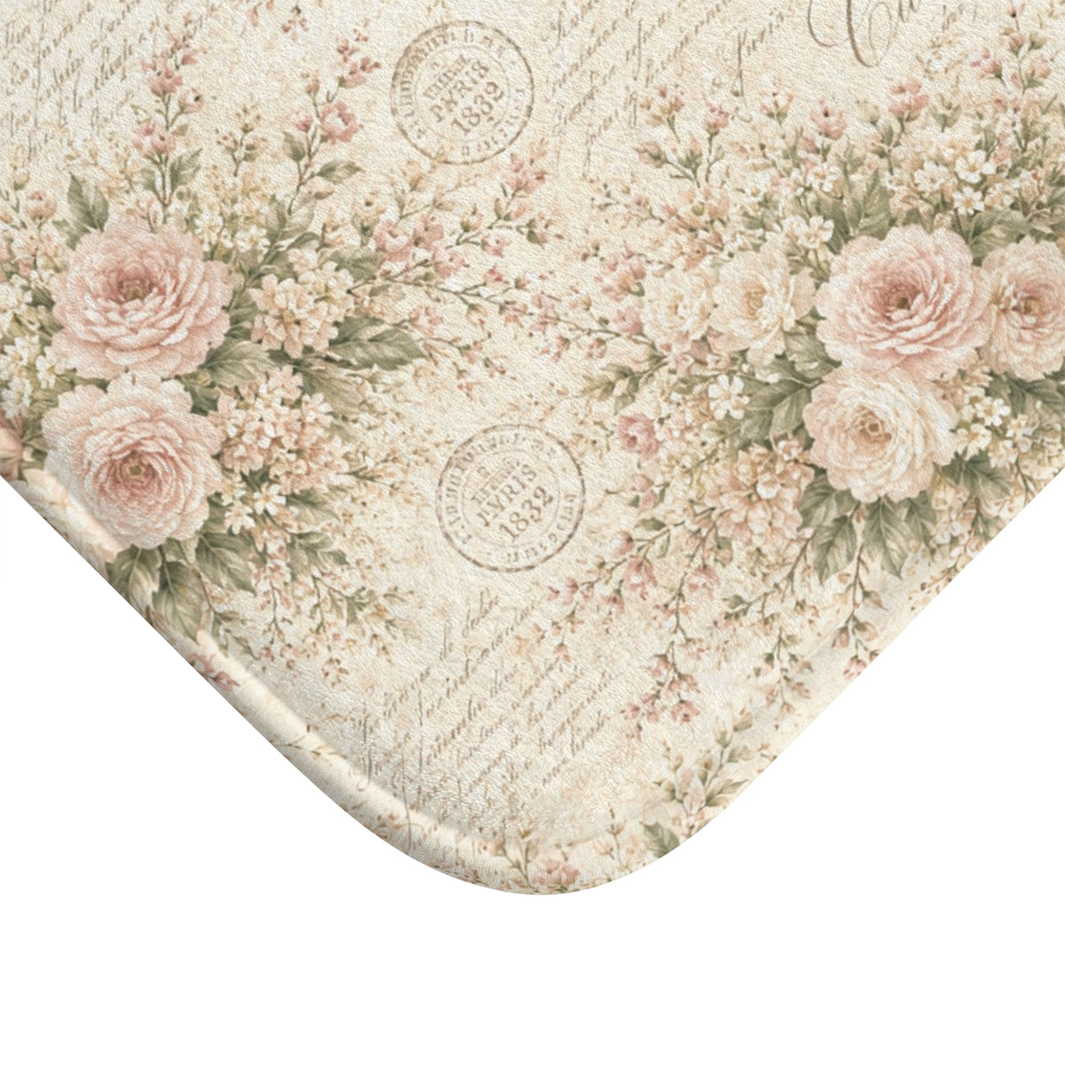Love Letter Chateau Memory Foam Bathmat, Ivory Blush Rose French Script, Romantic Chateaucore Victorian Floral Soft Mat