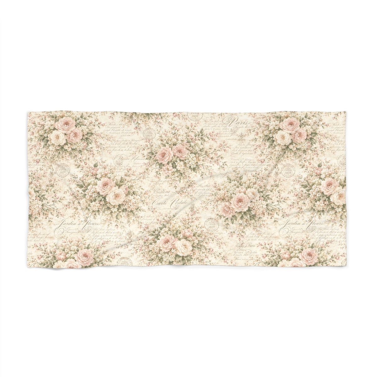 Love Letter Chateau Vintage Floral Large Bath Towel, Soft Pink Rose Ivory Oversized Bath Sheet French Country Script, Shabby Chic