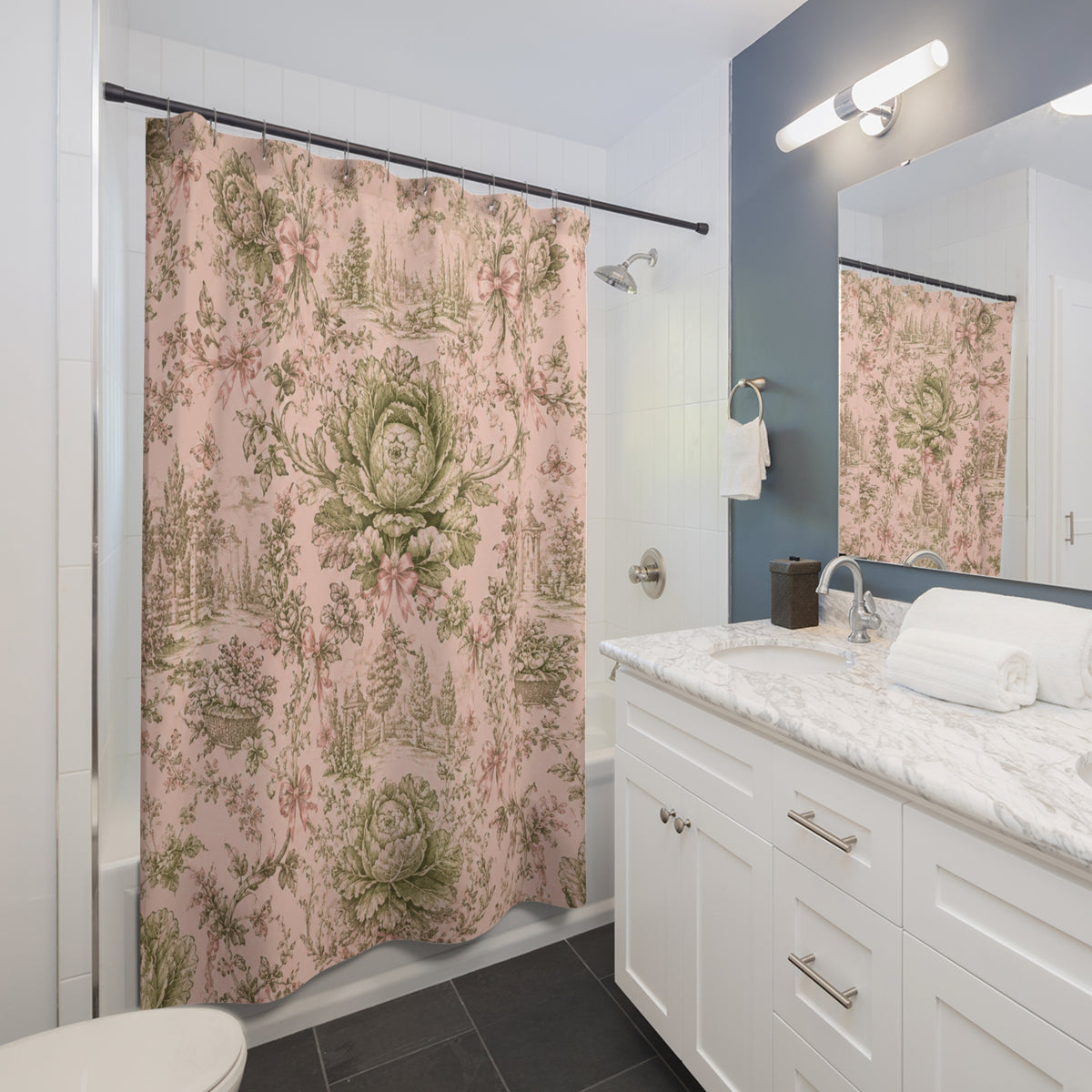 Pink Coquette Cabbage Shower Curtain, French Toile Bathroom Decor, Cottagecore Grandmillennial Bath Curtain, Romantic Botanical Bathroom