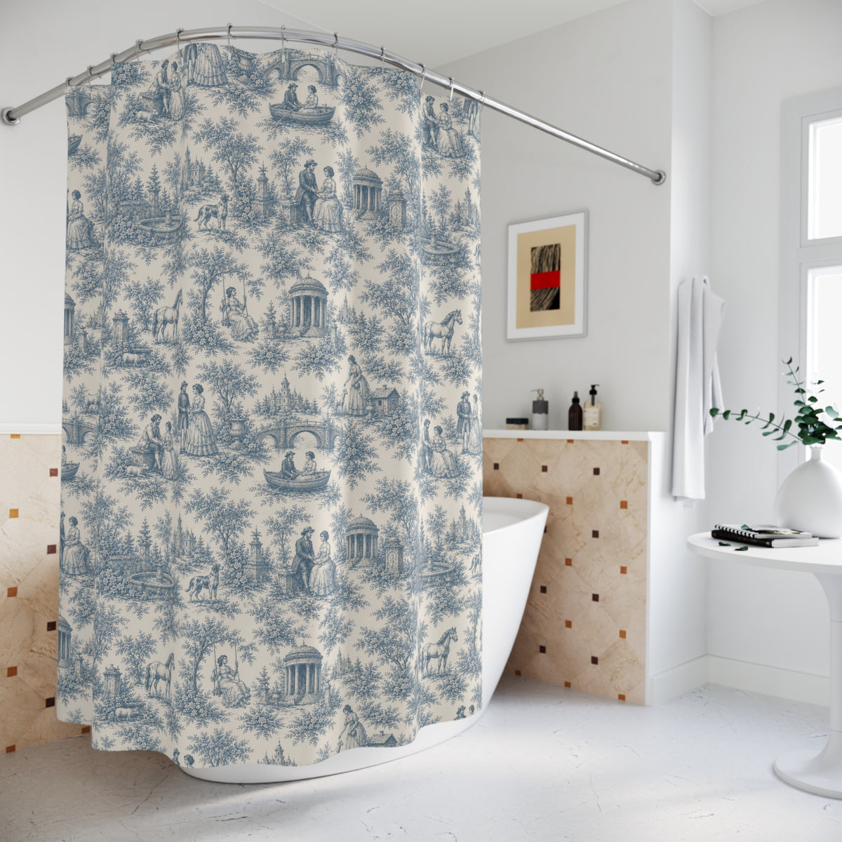 Dusty Blue French Toile Shower Curtain – Chateaucore French Country Bathroom Decor – Romantic Blue Bath Curtain