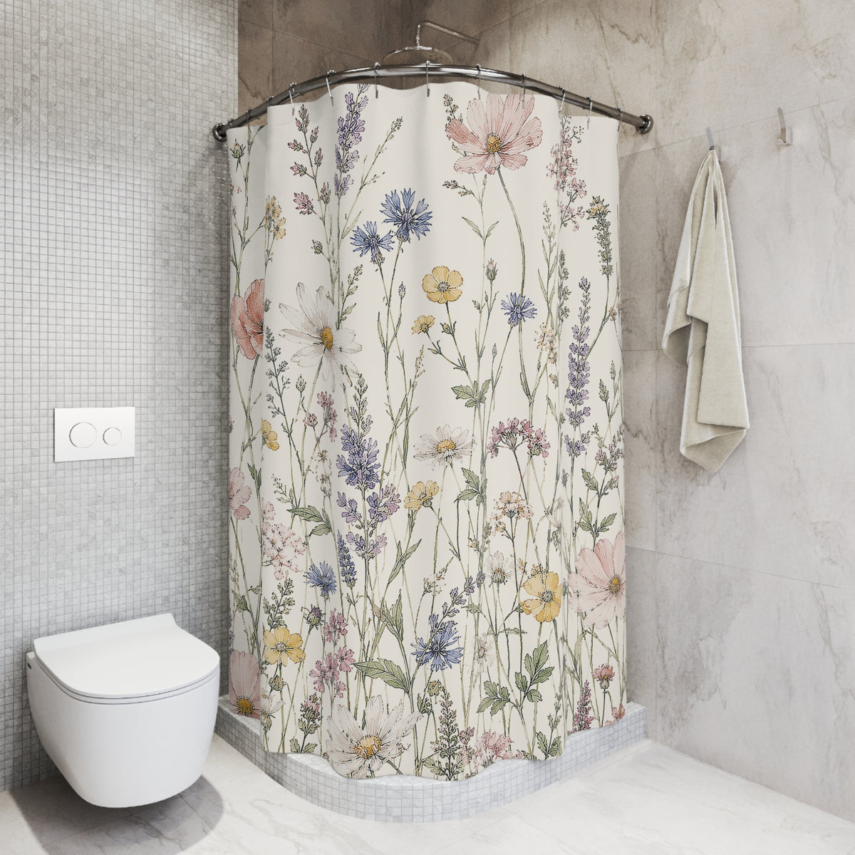 Wildflower Shower Curtain, Floral Bathroom Decor, Cottagecore Bath Pastel Flower Bathroom, Feminine Farmhouse Decor, Botanical Home Gift