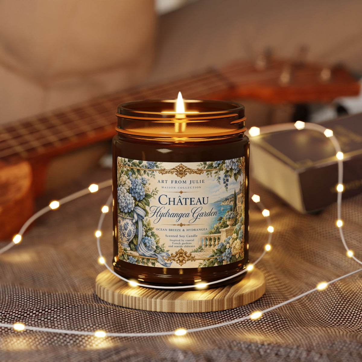 Château Hydrangea Garden Candle 9 oz, Ocean Water Scented Soy Candle in Amber Jar, French Country Chateaucore Home Décor