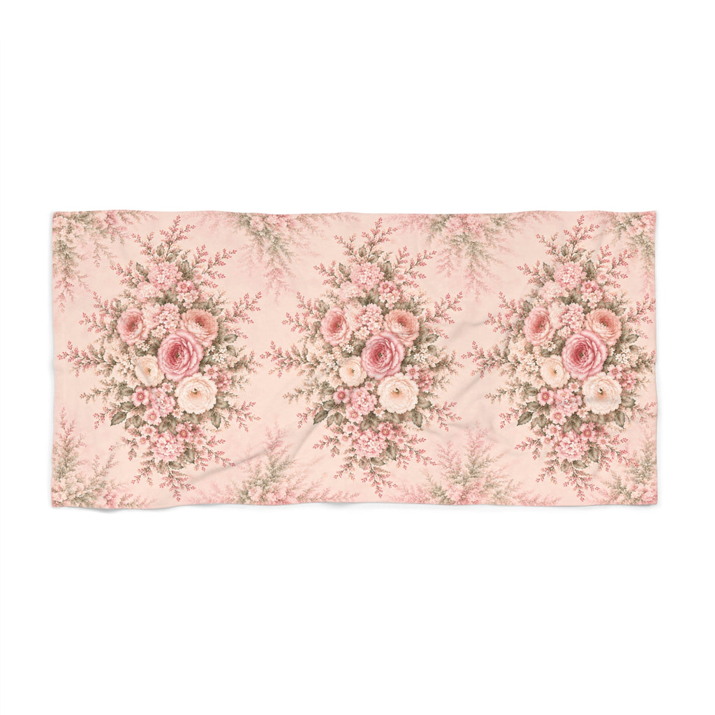 A large bath or beach  towel featuring a vintage floral pattern with pink and cream bouquets on a light pink background, shown flat against a white backdrop.
