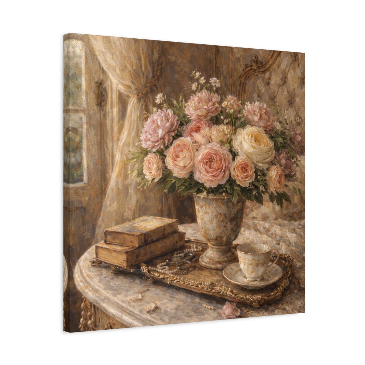 French Country Books Roses Canvas Wall Art Print, Chateaucore Floral Wall Hanging Decor, Victorian Romantic Home Decor, Gift Mom Grandma