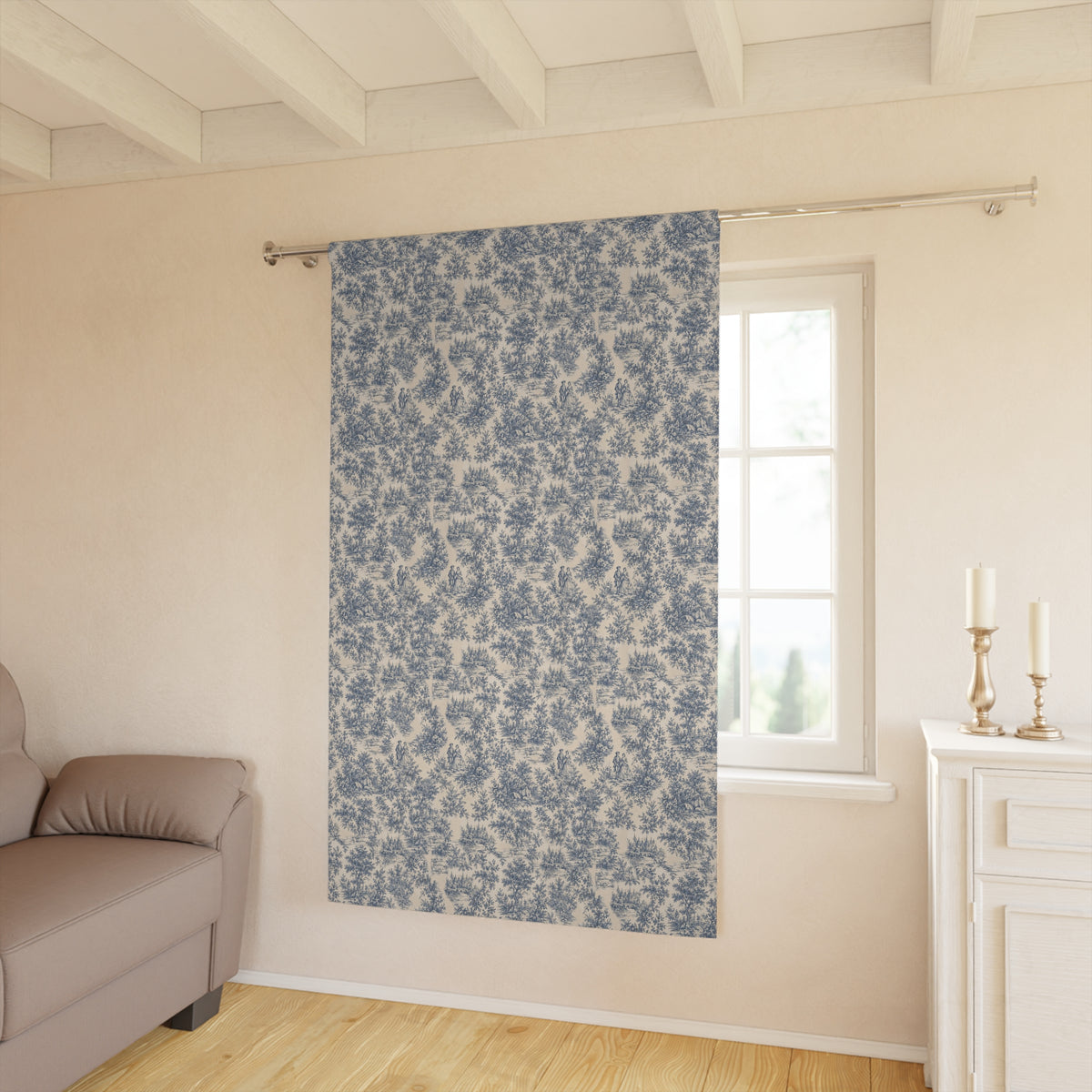 Dusty Blue Toile de Jouy Pattern Long Curtain, Botanical Scenic Vintage Toile Black Out Window Treatment, French Country Shabby Chic Chateaucore