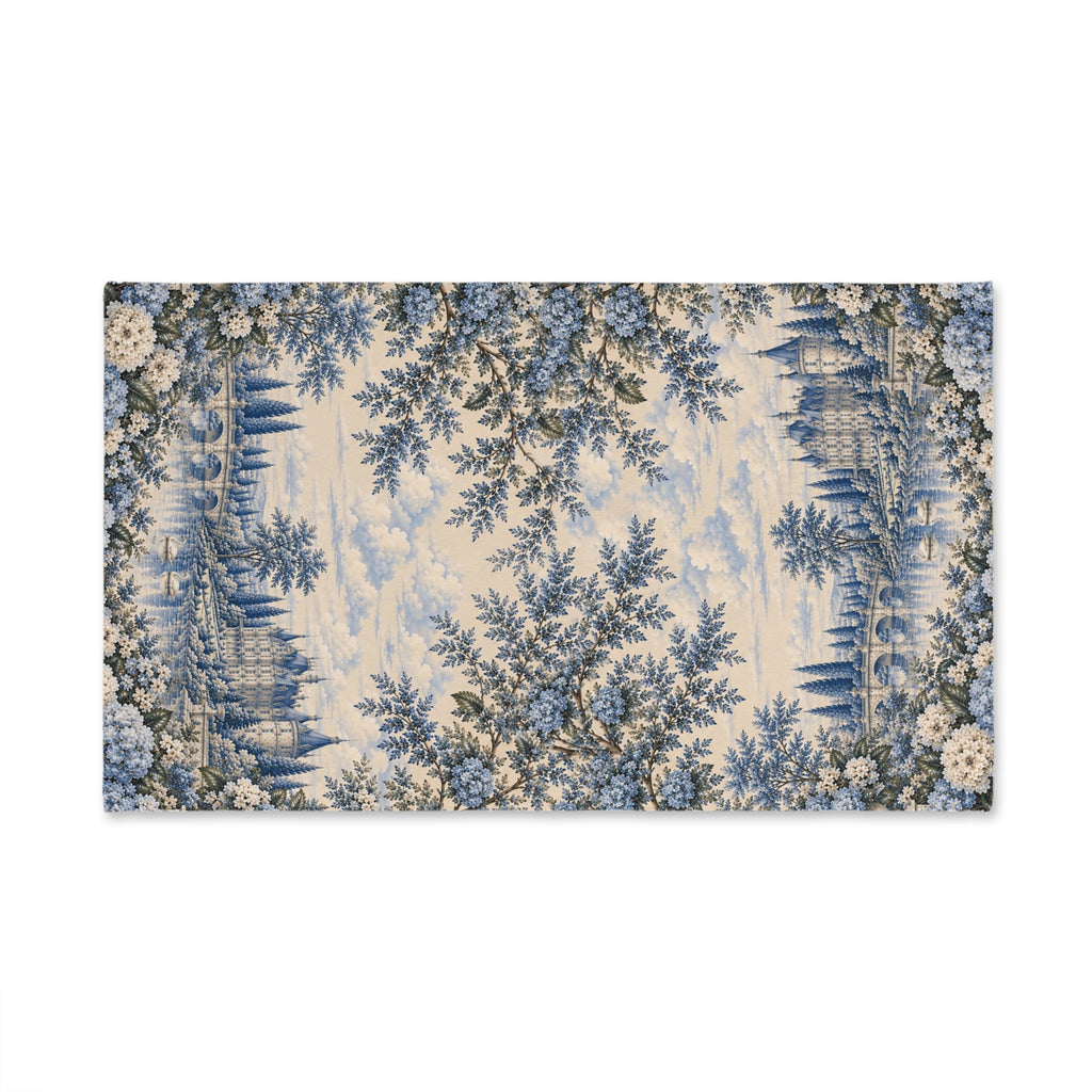 Blue Hydrangea Château Garden Hand Towel, French Country Floral Tea Cloth, Blue Toile Chateaucore Shabby Chic Bathroom Decor