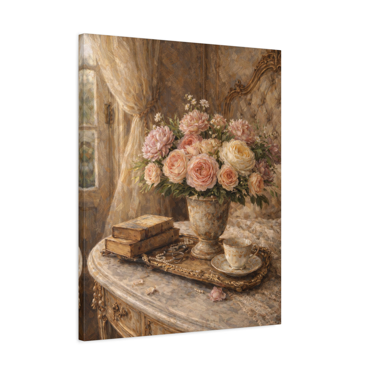 French Country Books Roses Canvas Wall Art Print, Chateaucore Floral Wall Hanging Decor, Victorian Romantic Home Decor, Gift Mom Grandma