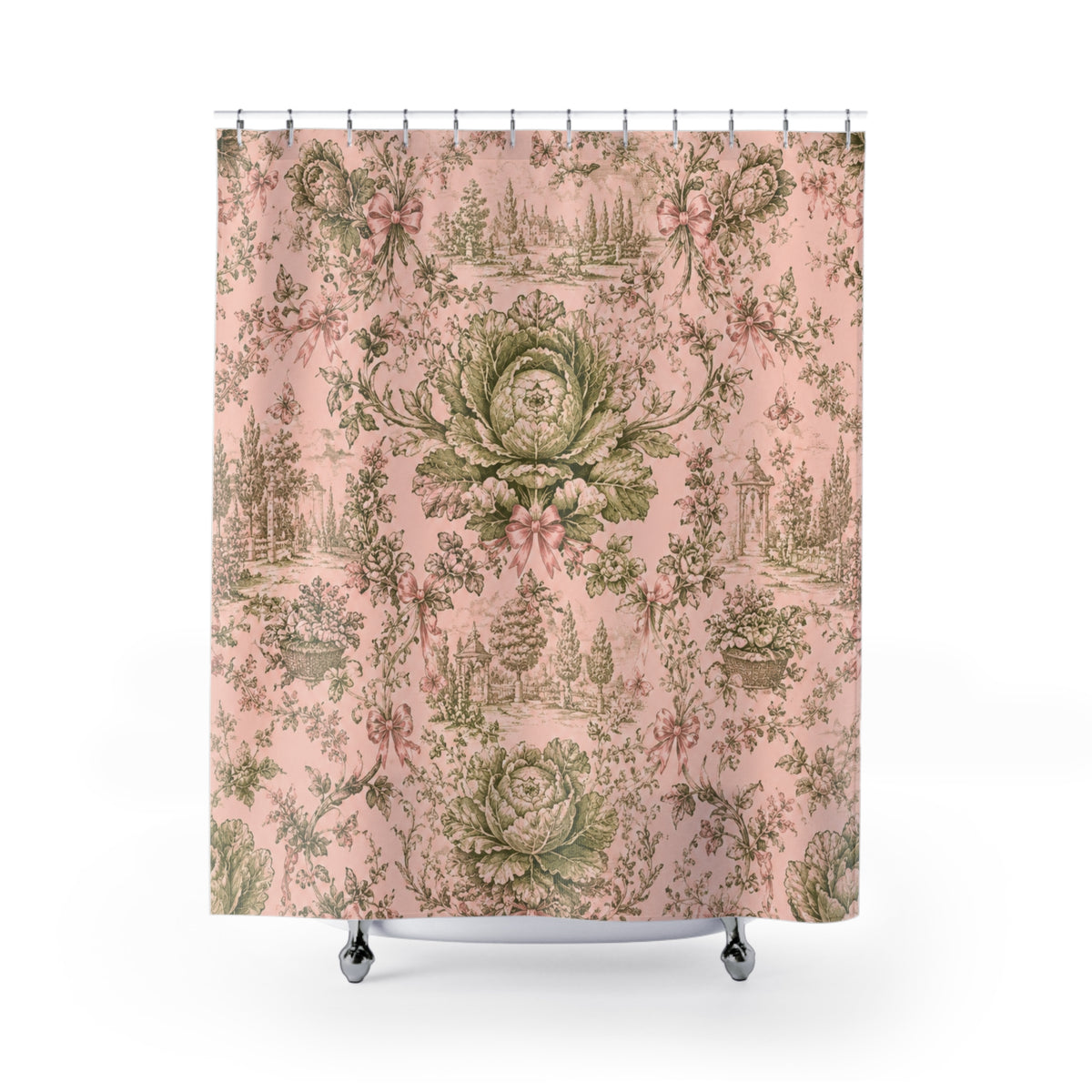 Pink Coquette Cabbage Shower Curtain, French Toile Bathroom Decor, Cottagecore Grandmillennial Bath Curtain, Romantic Botanical Bathroom