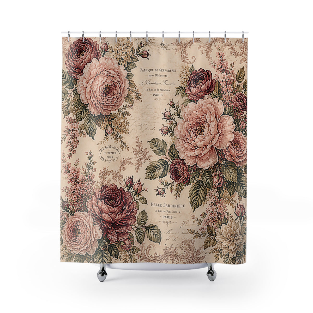 Blush Rose Fabric Shower Curtain, Vintage French Script Floral, Burgundy Pink Peonies, Shabby Chic Victorian Bathroom Decor