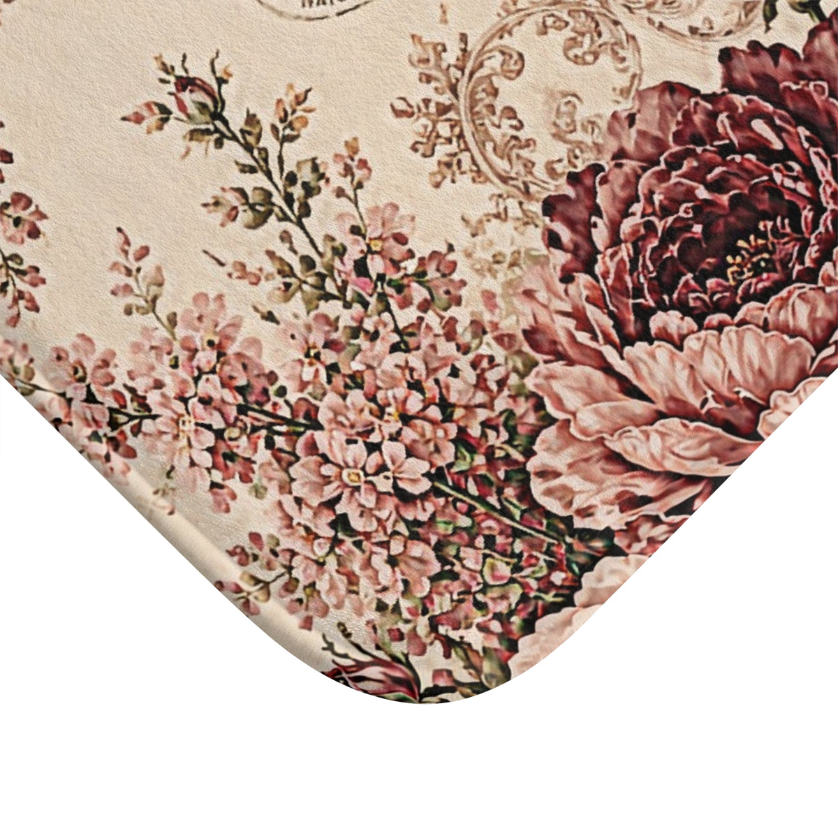 Vintage French Rose Memory Foam Bathmat – Burgundy Pink Blush Floral Paris Script Romantic Botanical, Victorian Chateaucore Bathroom Rug Decor