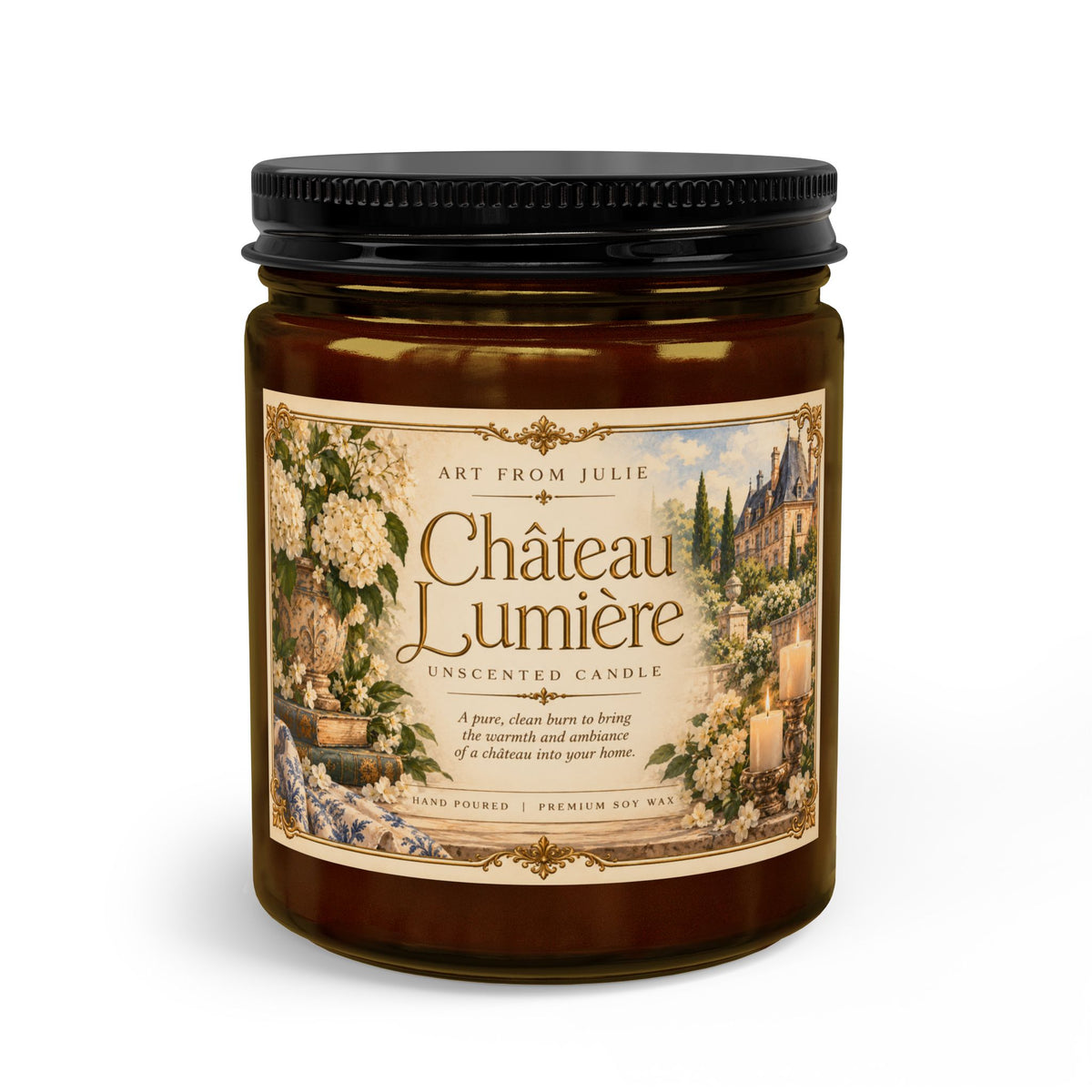 Château Lumière Unscented Candle Gift Set – French Country Soy Candle with Matte Black Wick Trimmer Amber Jar