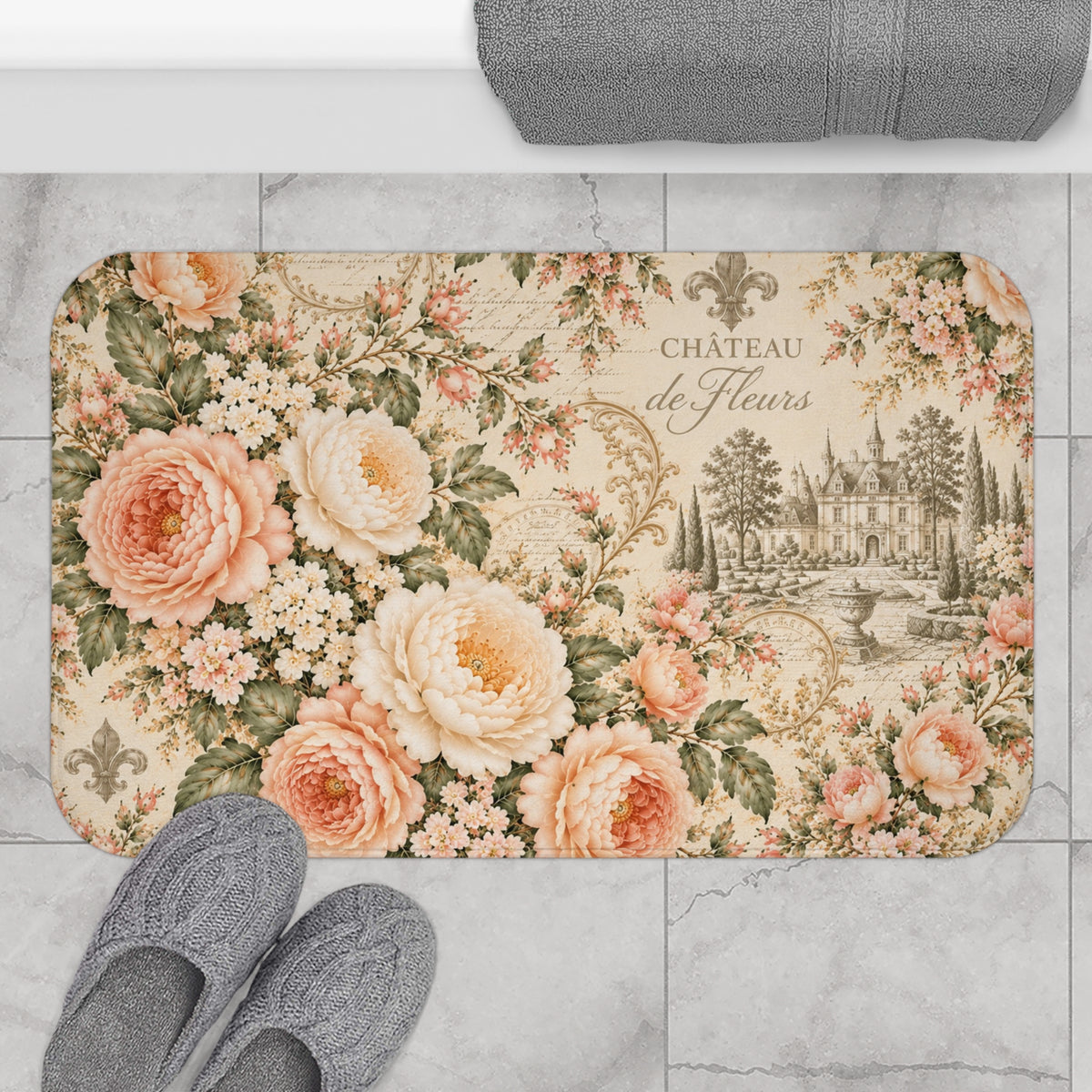 Peach Rose Château Memory Foam Bathmat, Cushioned Mat French Country Peach Floral Bathroom Rug, Sage Green Chateaucore Bath Decor