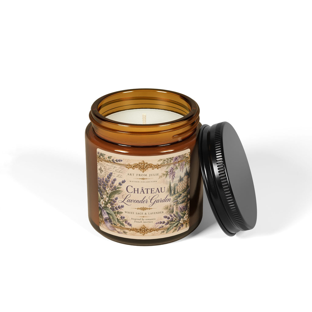 Château Lavender Garden Candle, White Sage Lavender Scented Soy Candle in Amber Jar, French Country Chateaucore Home Décor Gift