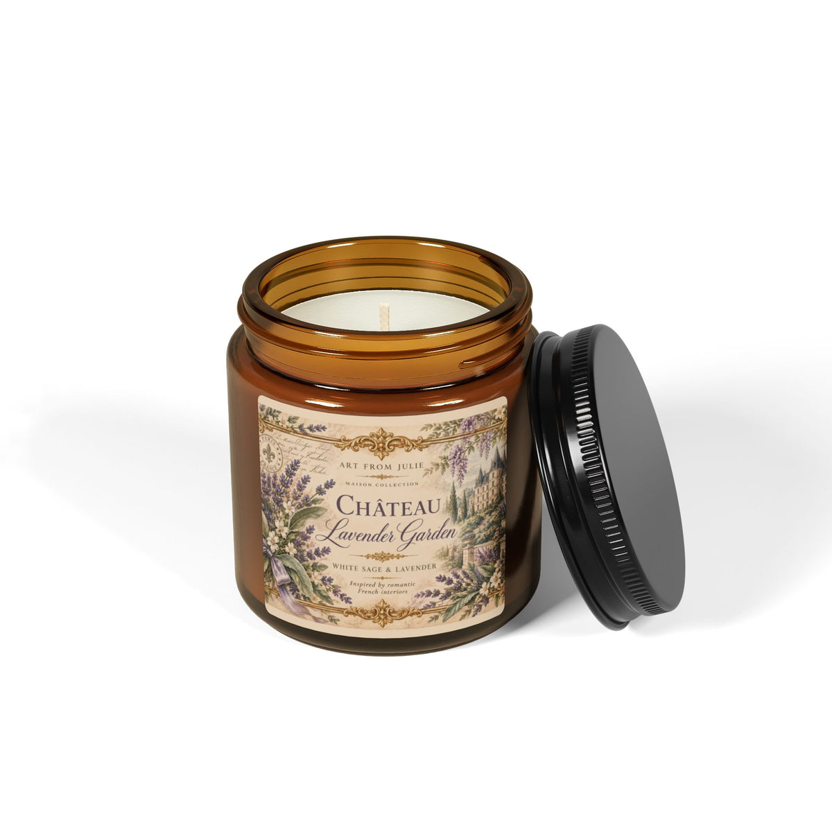 Château Lavender Garden Candle, White Sage Lavender Scented Soy Candle in Amber Jar, French Country Chateaucore Home Décor Gift