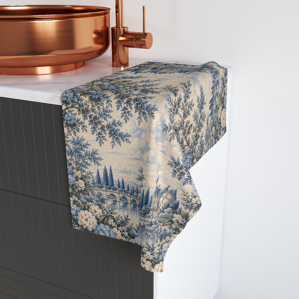 Blue Hydrangea Château Garden Hand Towel, French Country Floral Tea Cloth, Blue Toile Chateaucore Shabby Chic Bathroom Decor
