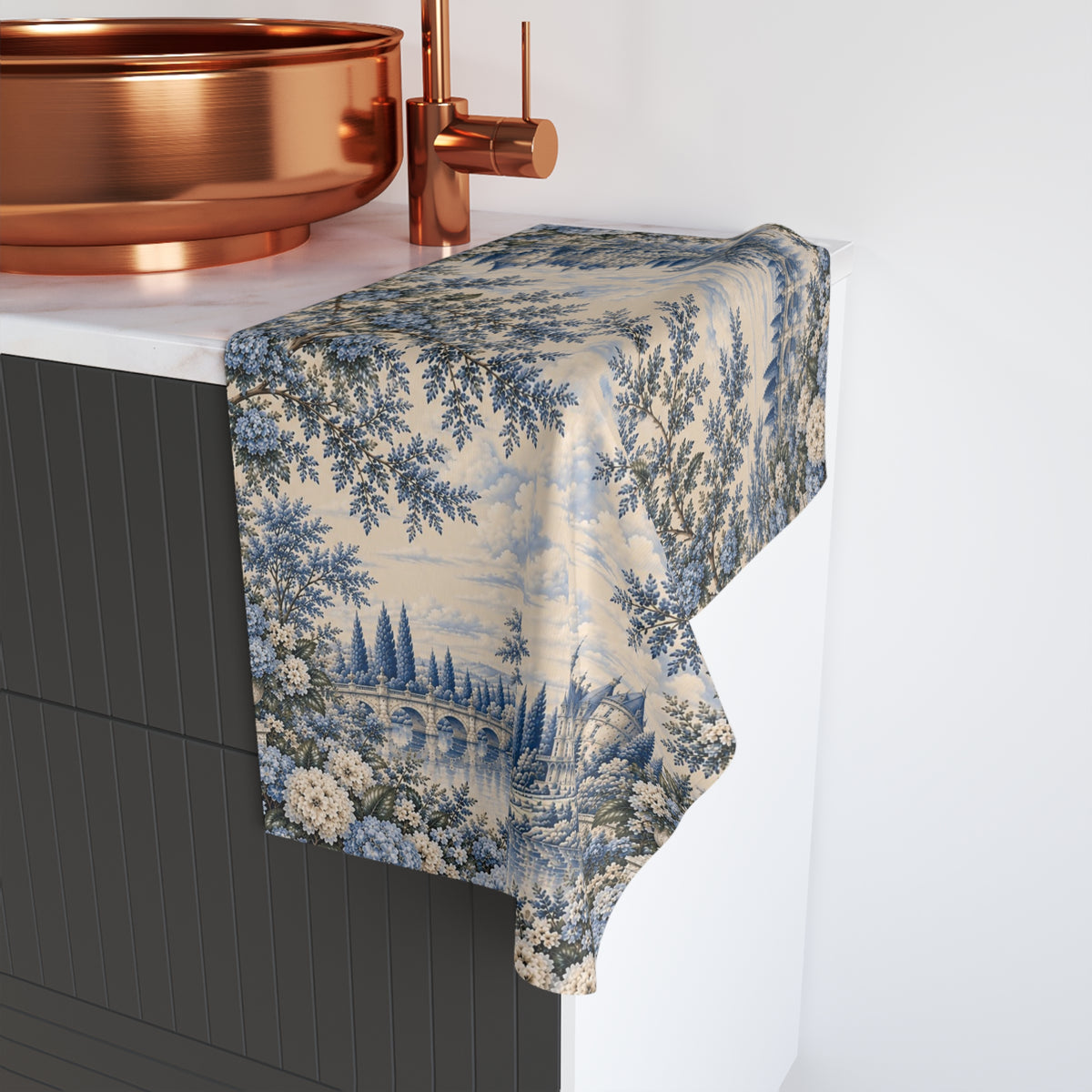 Blue Hydrangea Château Garden Hand Towel, French Country Floral Tea Cloth, Blue Toile Chateaucore Shabby Chic Bathroom Decor