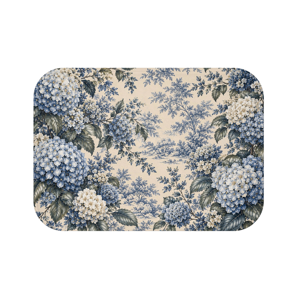 Blue Hydrangea Château Garden Memory Foam Bathmat, French Country Navy Blue Floral Bathroom Cushioned Throw Rug, Chateaucore Hydrangea Decor