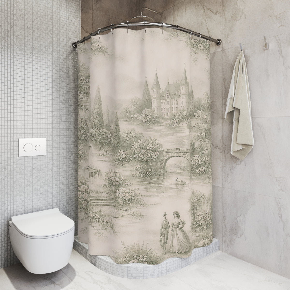 Soft Sage Toile de Joy Fabric Shower Curtain, Victorian Bathroom Decor, Chateaucore French Country Cottage, Shabby Chic, Housewarming Wedding Gift