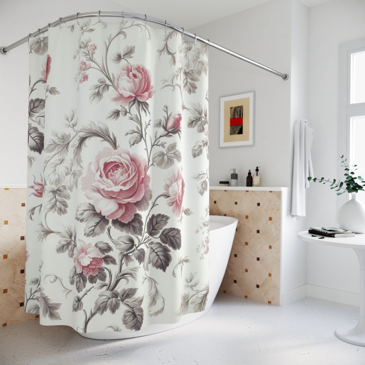 Pink Rose French Toil Floral Shower Curtain, Victorian Bathroom Decor, Vintage French Country Cottage, Shabby Chic, Housewarming Gift