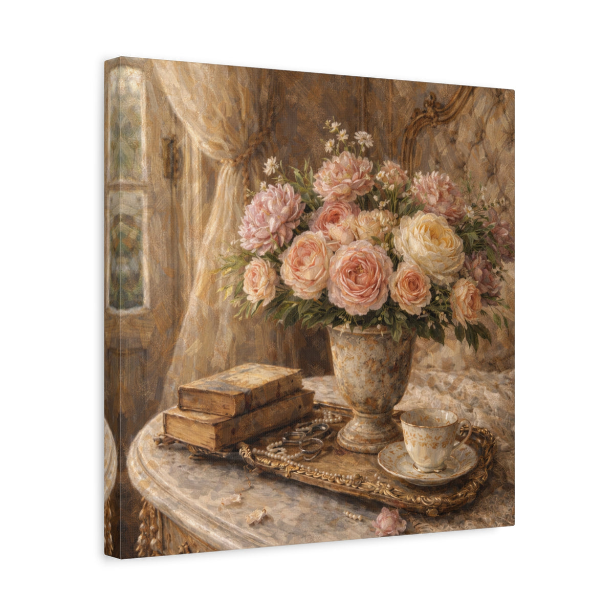 French Country Books Roses Canvas Wall Art Print, Chateaucore Floral Wall Hanging Decor, Victorian Romantic Home Decor, Gift Mom Grandma
