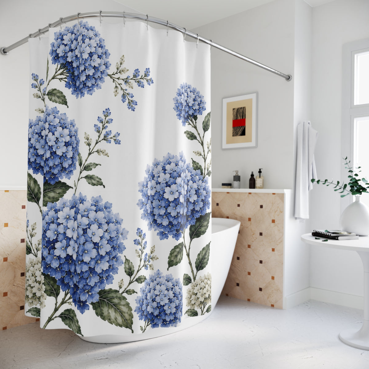 Dusty Blue Hydrangea Shower Curtain – French Country Chateaucore Floral Bathroom Decor – 71×74