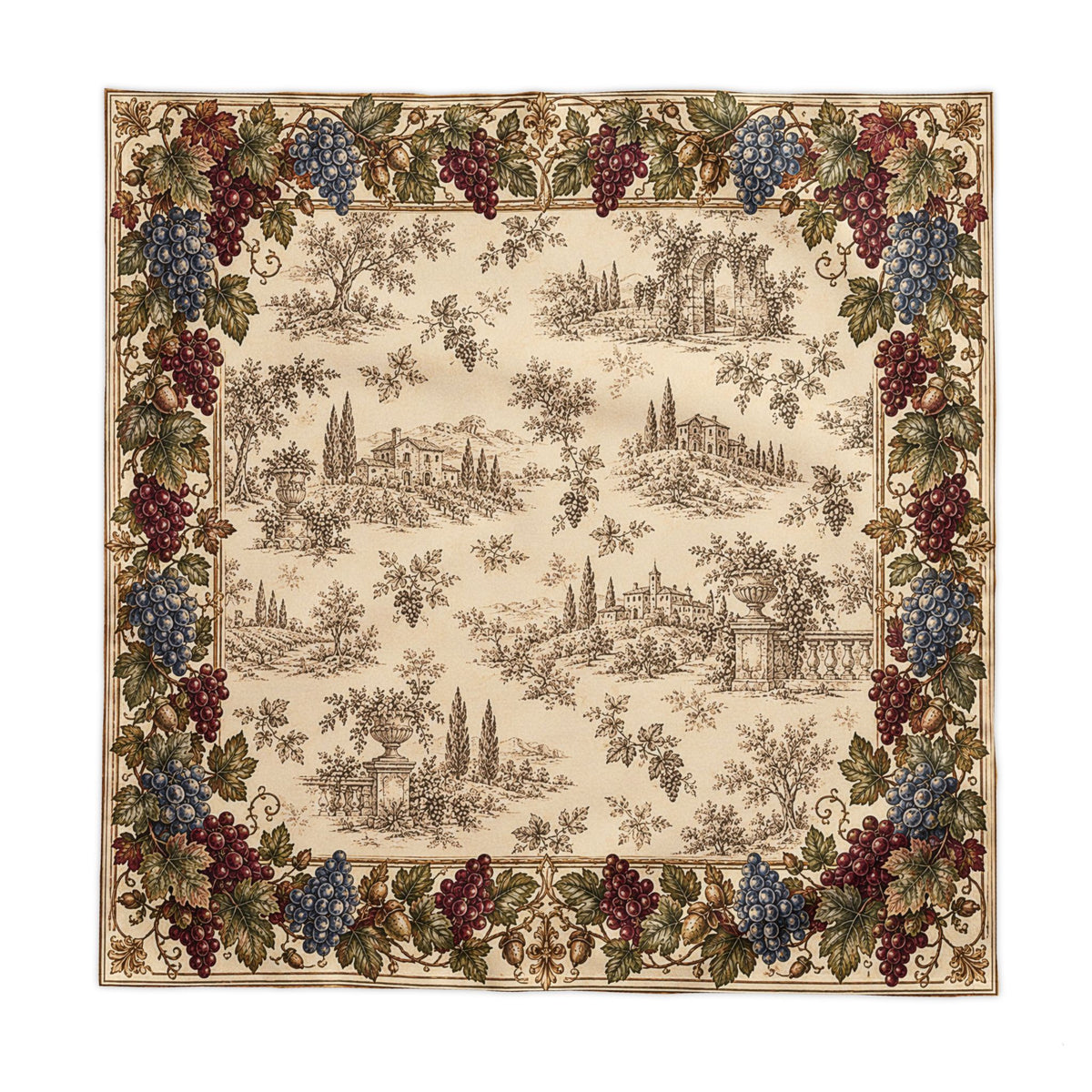 Tuscan Vineyard Tablecloth - Vintage Grape Border Table Linen French Country Italian Toile Tablecloth, Burgundy Blue Grapes Antique Gold