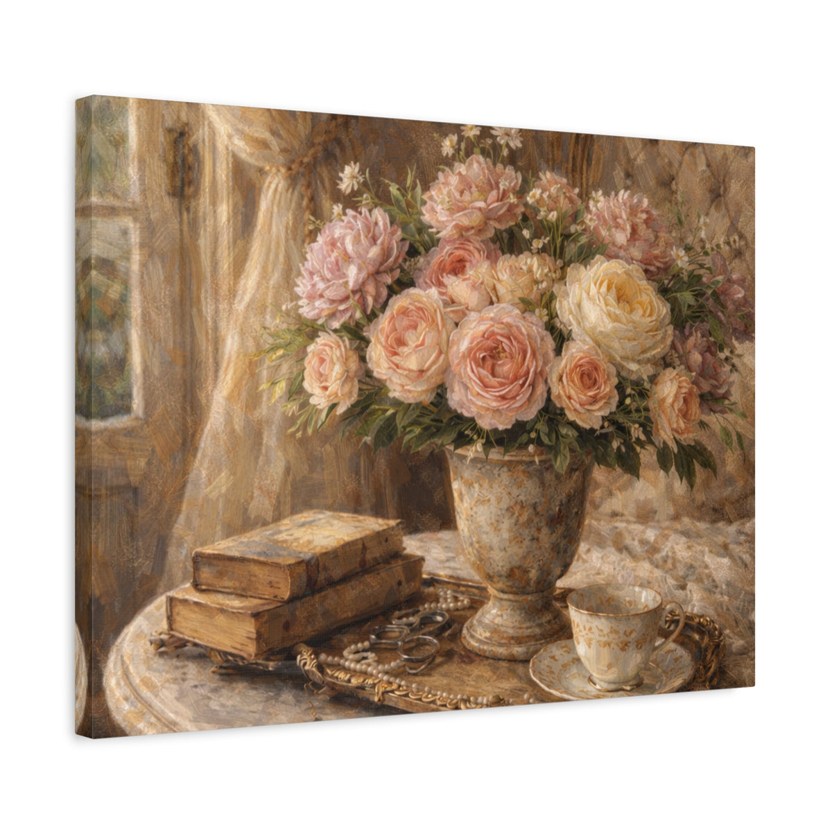 French Country Books Roses Canvas Wall Art Print, Chateaucore Floral Wall Hanging Decor, Victorian Romantic Home Decor, Gift Mom Grandma