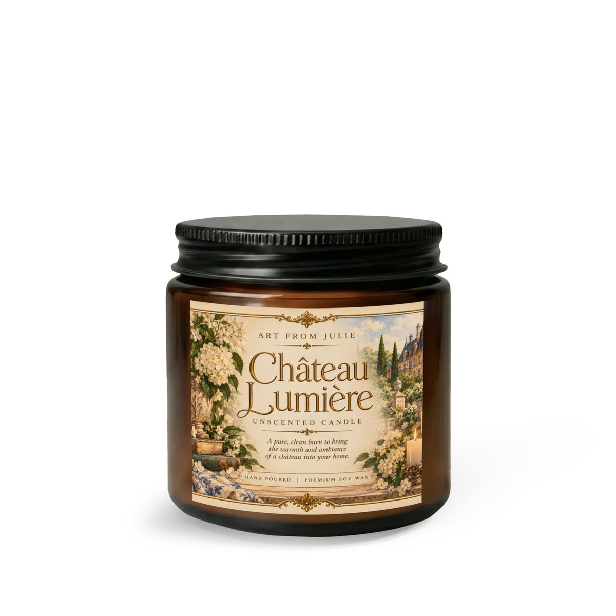 Château Lumière Unscented Candle Gift Set – French Country Soy Candle with Matte Black Wick Trimmer Amber Jar