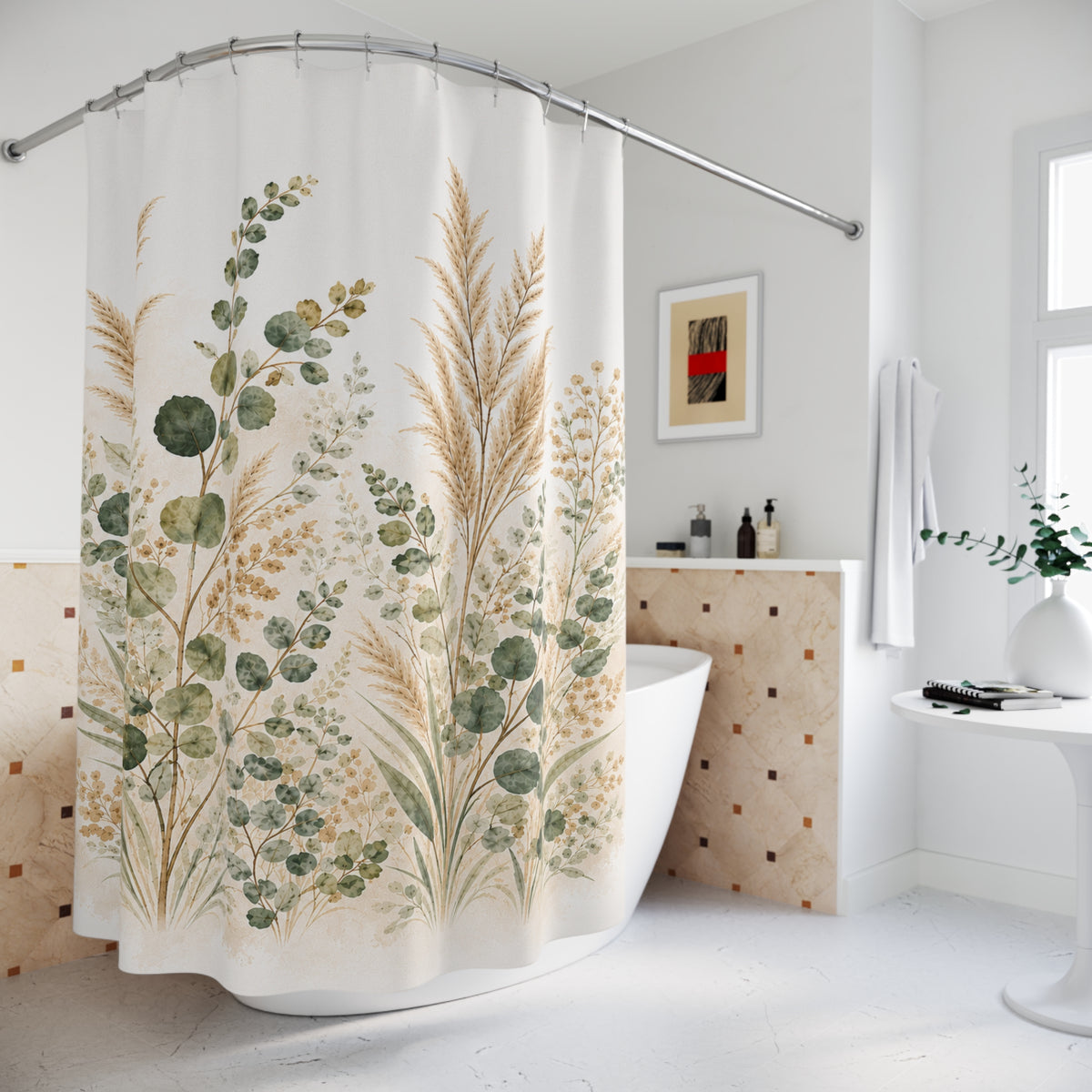 Eucalyptus & Pampas Grass Shower Curtain – Sage Green Botanical Spa Bathroom Decor, Neutral French Country Cottage Style