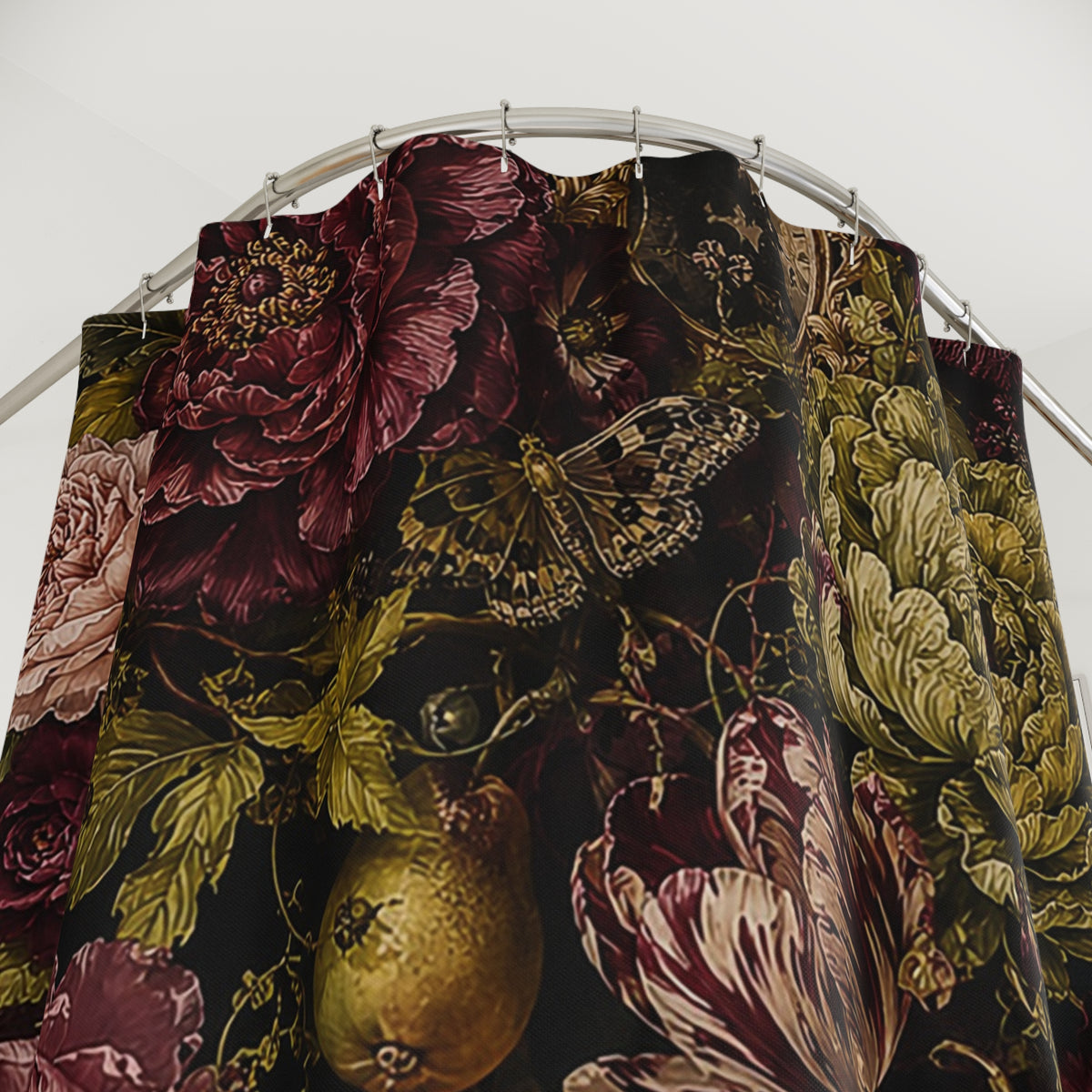 Burgundy Floral Maximalist Fabric Shower Curtain, Moody Botanical Bathroom Decor, Rich Dark Academia Victorian Floral Bath Gift