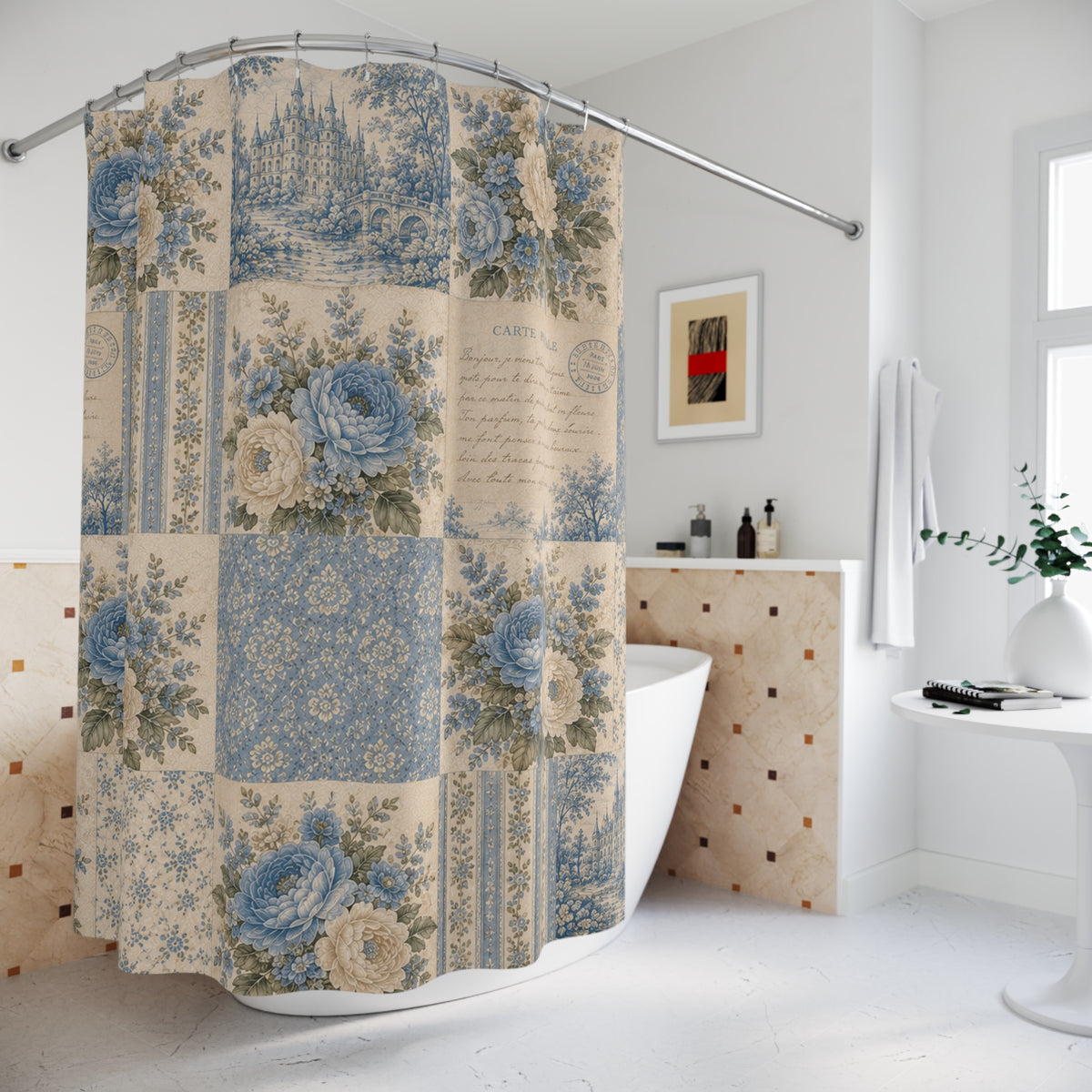 Patchwork Quilt Pastel Fabric Shower Curtain, Floral Bathroom Decor, Cottagecore Bath Bathroom, Country Farmhouse Decor, Botanical Home Gift