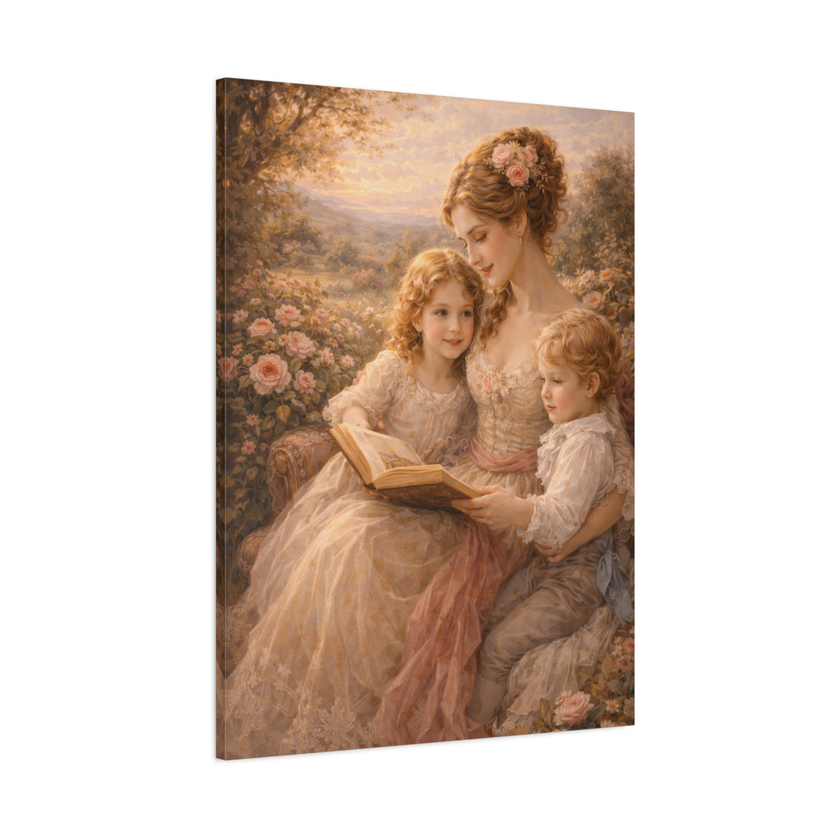 Victorian Pink Mom Reading Children Roses Canvas Wall Art Print, Woman Kids Wall Hanging Decor, Bookish  Bedroom Decor, Gift for Mom