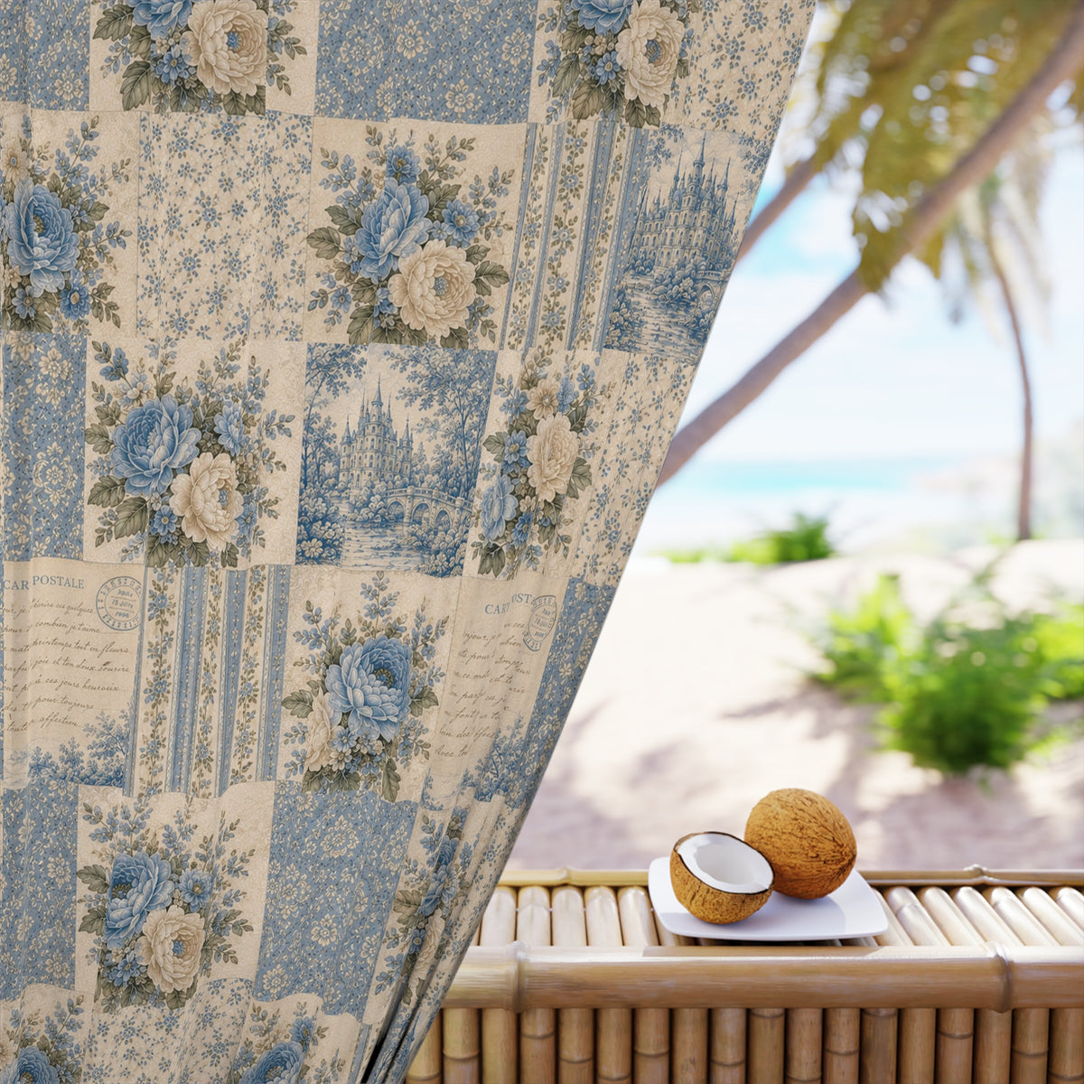 French Country Patchwork Print Blackout Curtains, Blue Toile Floral Drapes Panels, Chateaucore Window Treatment, Cottagecore Decor
