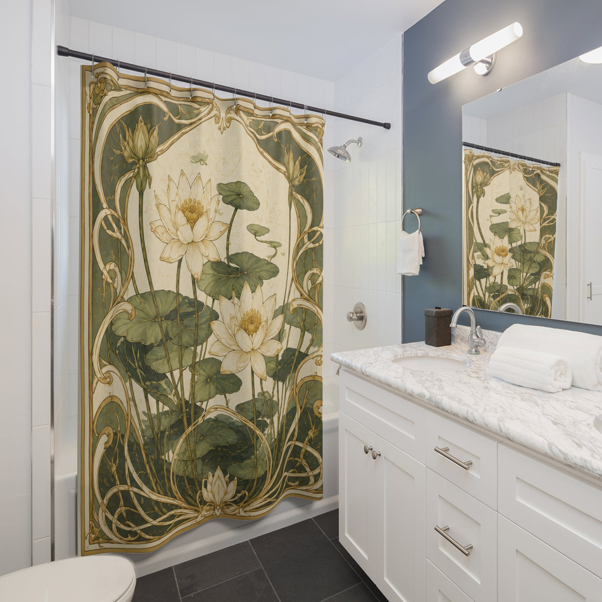 Art Nouveau Water Lily Shower Curtain, Sage Green Botanical Bathroom Decor, Watercolor Leaf Bath Curtain, Spa Style Farmhouse Bathroom,