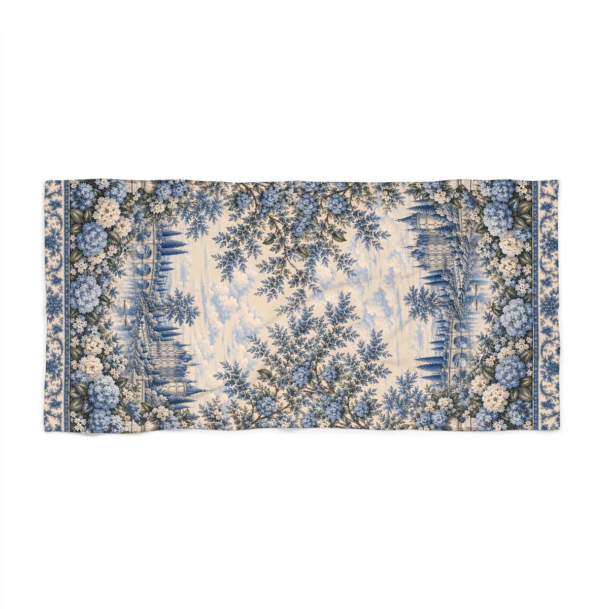 Blue Hydrangea Château Garden Large Bath Towel, French Country Floral Bath Sheet, Blue Toile Chateaucore Bathroom Decor, Romantic Vintage Bath Linen