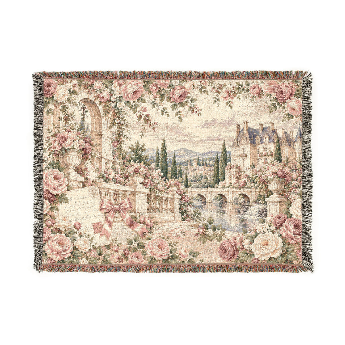 Love Letter Chateau Roses Woven Blanket – Vintage French Floral Tapestry Throw, Romantic Cottagecore Decor